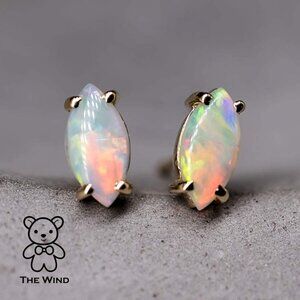 Dainty Marquise Cut Solid Opal Stud Earrings 14K Yellow Gold